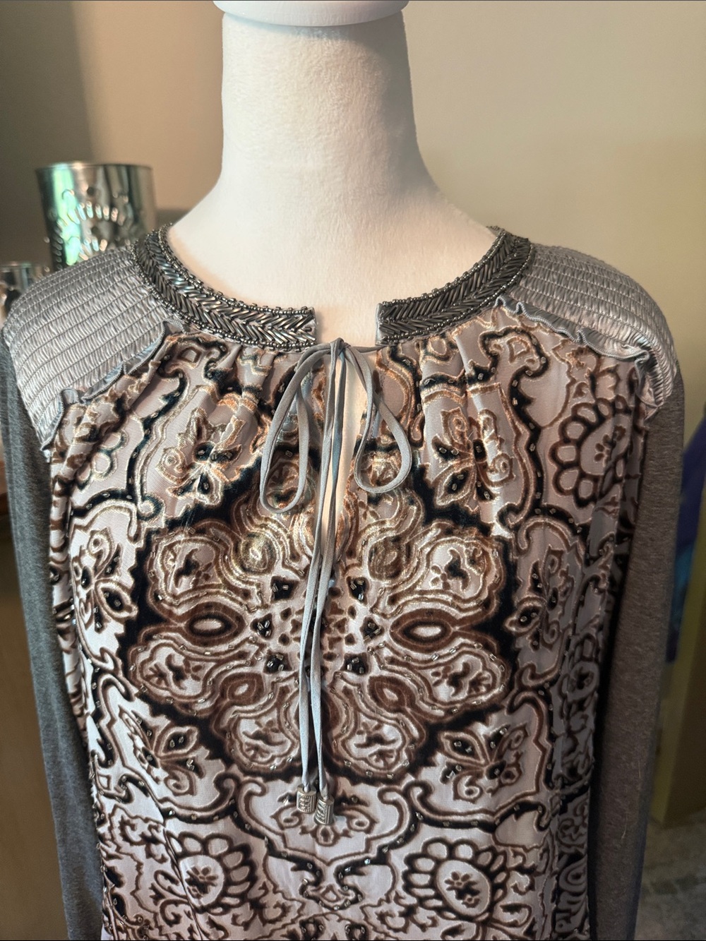Sundance Hale Bob Gray and Cream Long-Sleeve PrintedBeading Peasant Blouse large - Picture 3 of 9